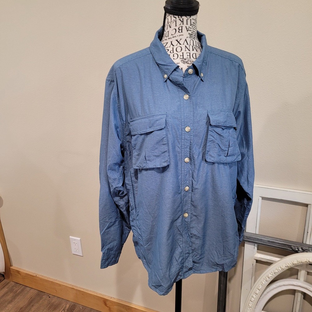 Exofficio Womens SZ Med. BLUE Camp Adventure button down Shirt vents tab sleeves